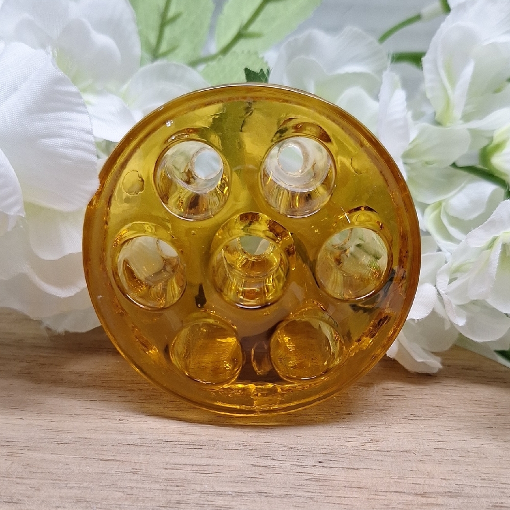 #ADV Vintage Amber Glass Flower Frog 7 Holes